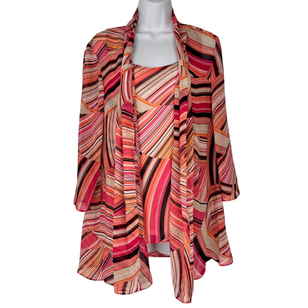 Danny And Nicole Top Set Women 12 Pink Abstract Geometric Sheer Cardigan Tank